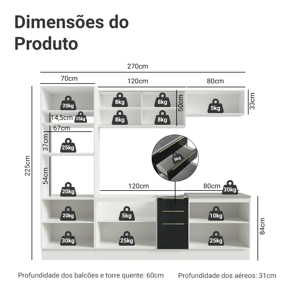 Armário de Cozinha Completa 270 x 60 cm Branco/Preto Lux Madesa 06