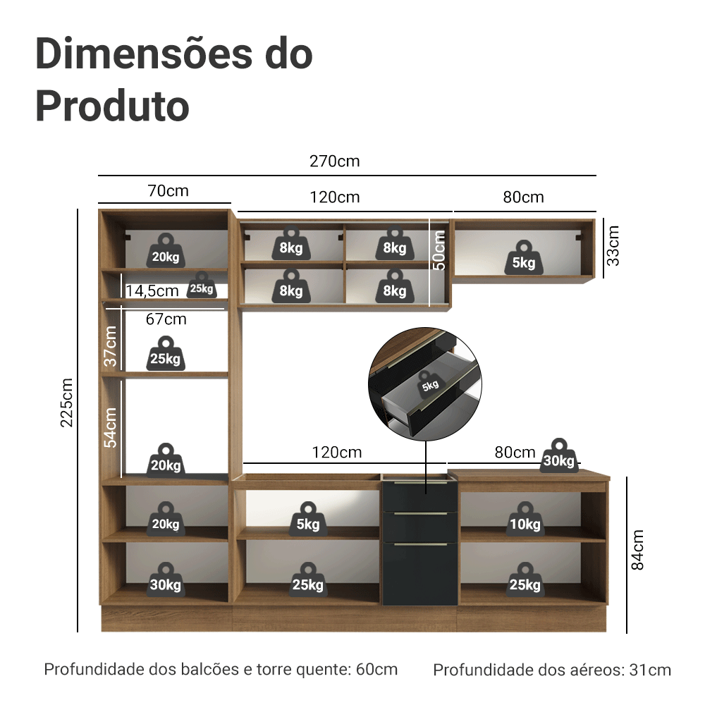 Armário de Cozinha Completa 270 cm Rustic/Preto Lux Madesa 06