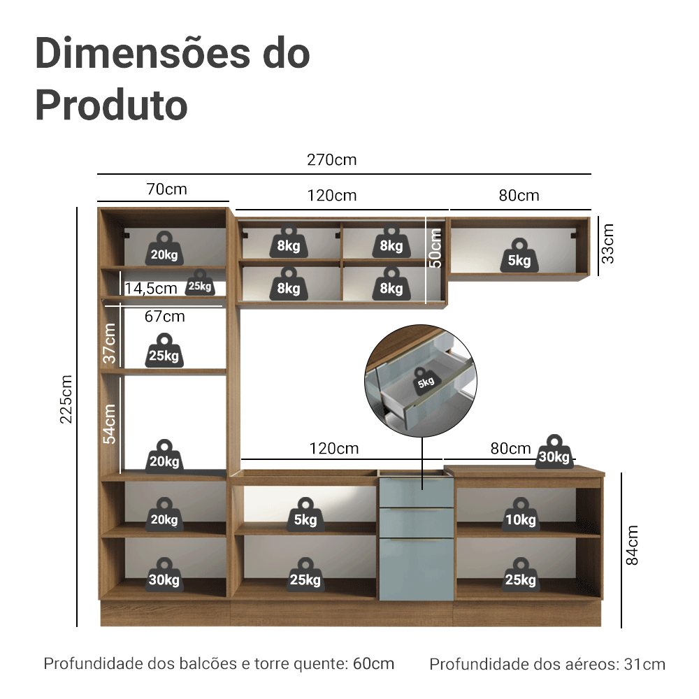 Armário de Cozinha Completa 270 x 60 cm Rustic/Cinza Lux Madesa 06