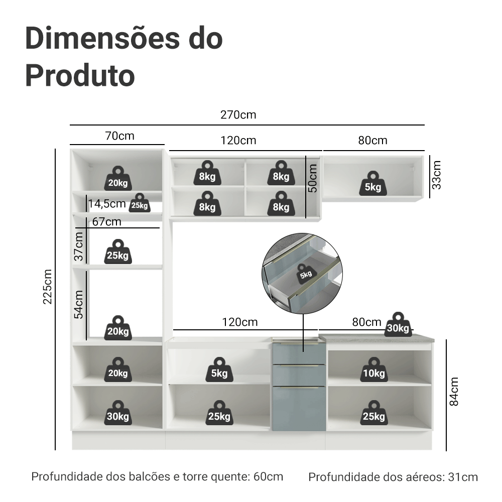 Armário de Cozinha Completa 270 x 60 cm Branco/Cinza Lux Madesa 06