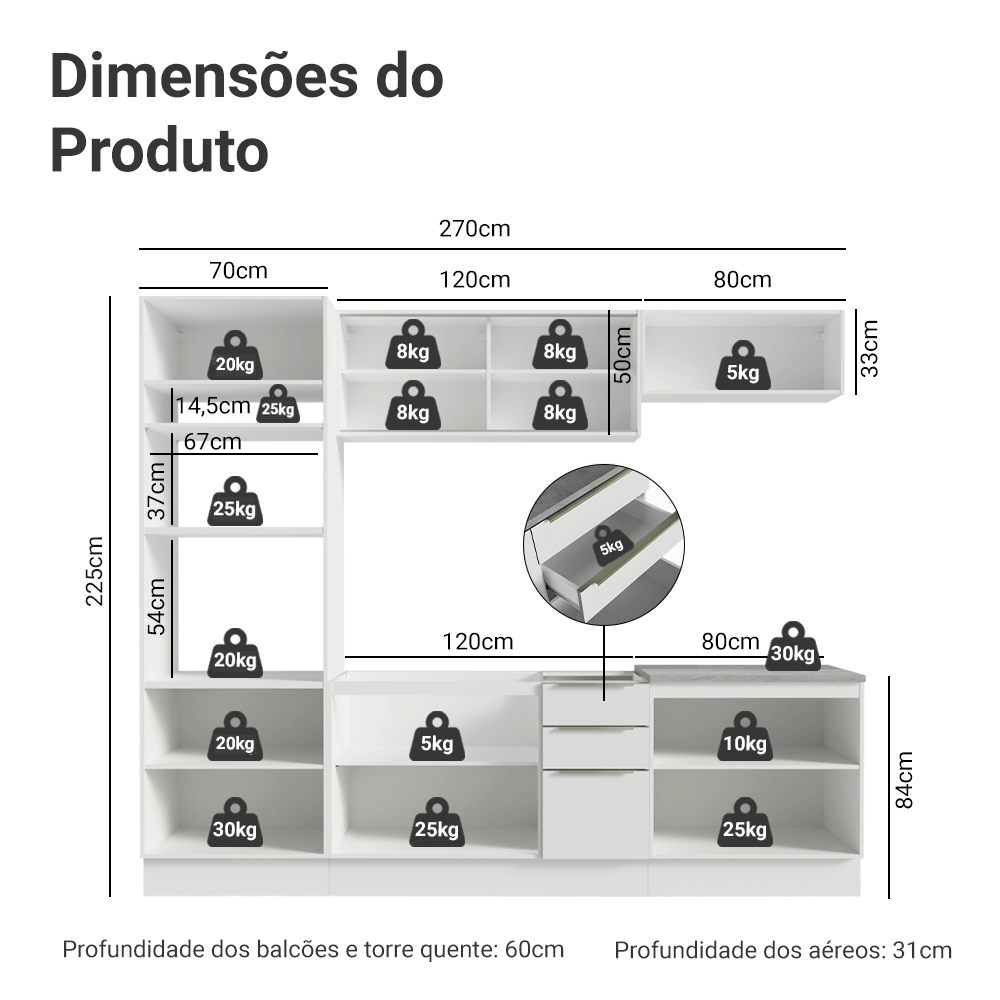 Armário de Cozinha Completa 270 x 60 cm Branco/Branco Veludo Lux Madesa 06