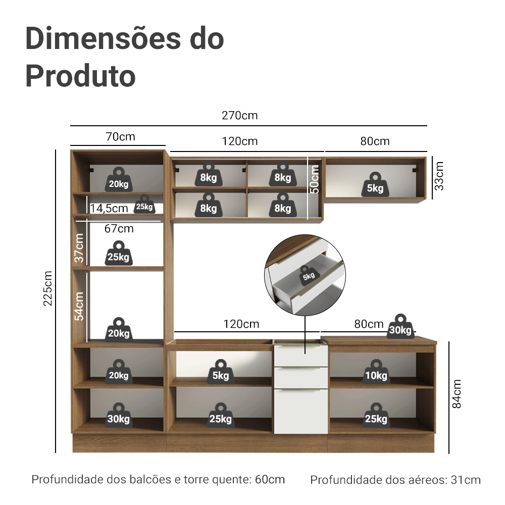 Armário de Cozinha Completa 270 x 60 cm Rustic/Branco Veludo Lux Madesa 06
