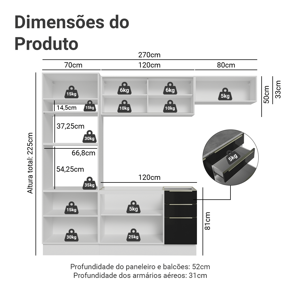 Armário de Cozinha Completa 270 cm Branco/Preto Lux Madesa 07