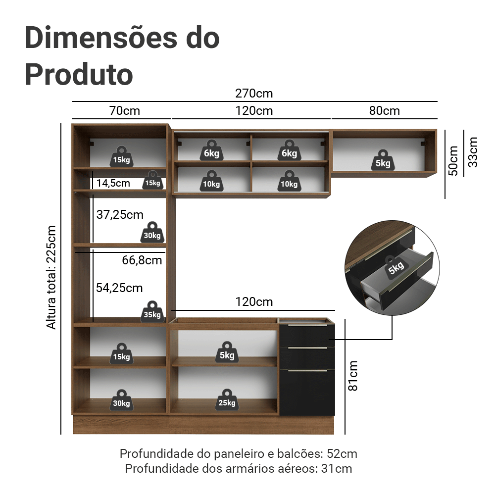 Armário de Cozinha Completa 270 cm Rustic/Preto Lux Madesa 07