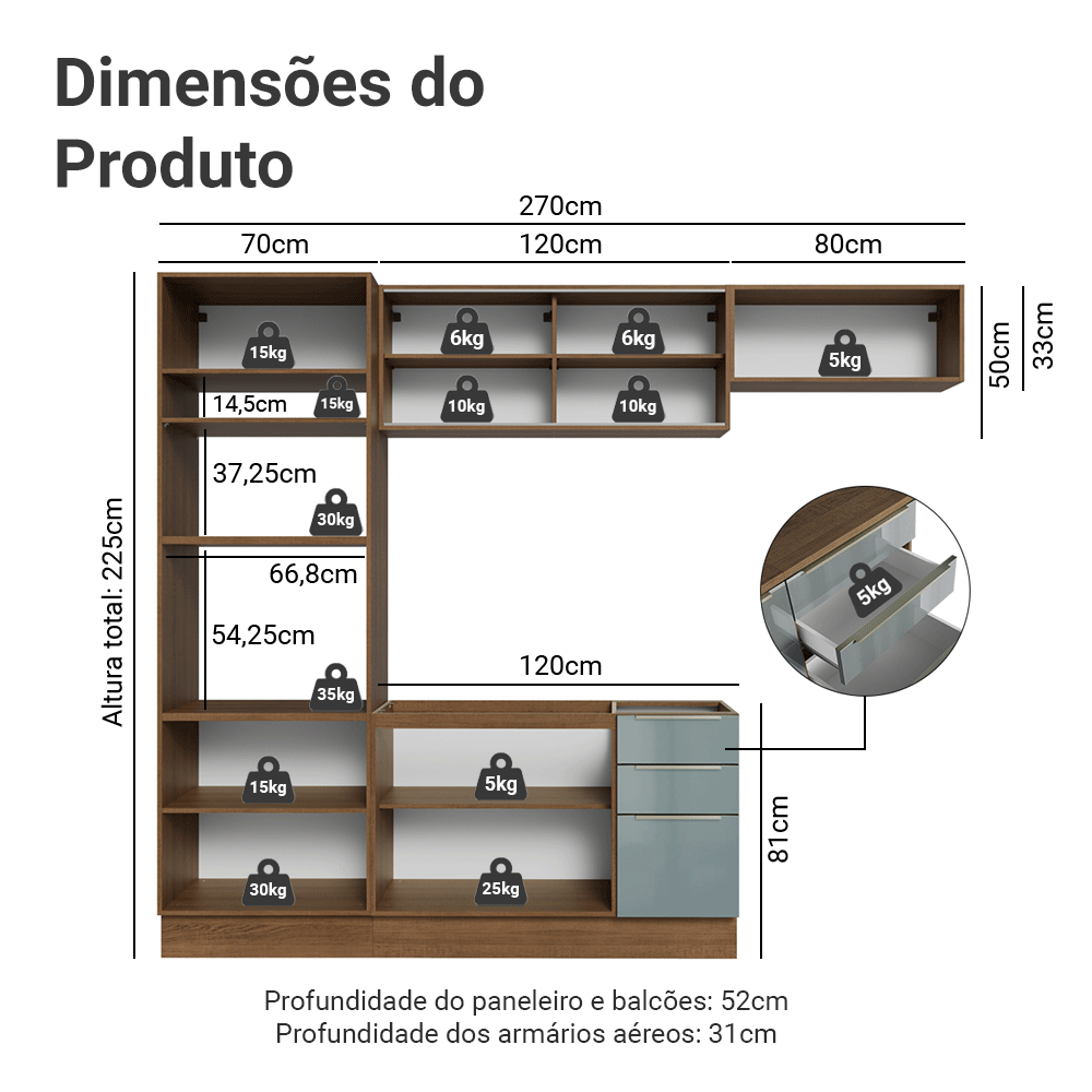 Armário de Cozinha Completa 270 cm Rustic/Cinza Lux Madesa 07