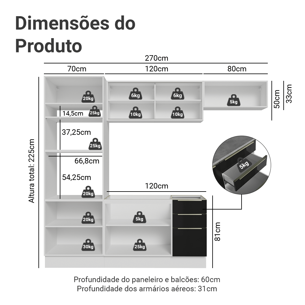 Armário de Cozinha Completa 270 x 60 cm Branco/Preto Lux Madesa 08