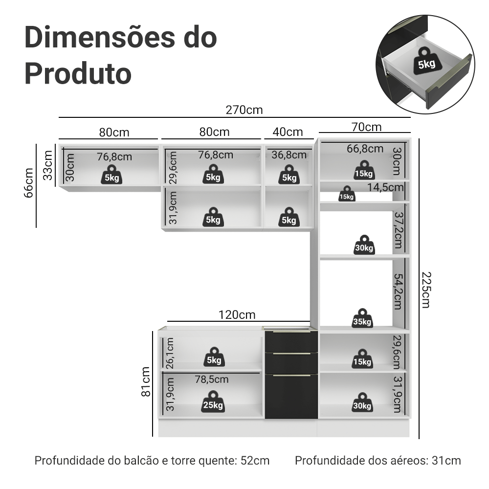 Armário de Cozinha Completa 270 cm Branco/Preto Lux Madesa 08