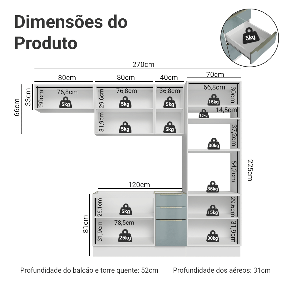 Armário de Cozinha Completa 270 cm Branco/Cinza Lux Madesa 08