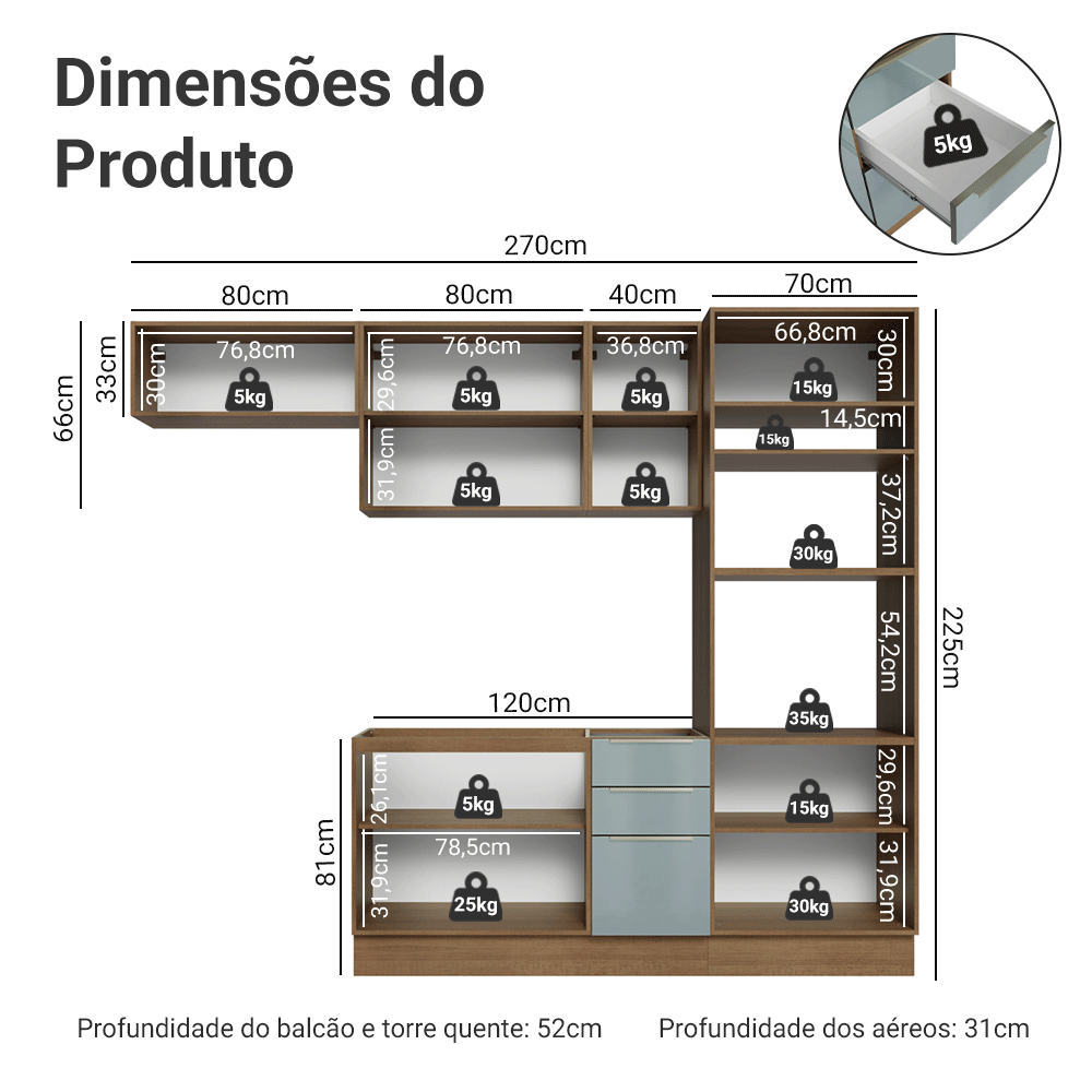 Armário de Cozinha Completa 270 cm Rustic/Cinza Lux Madesa 08