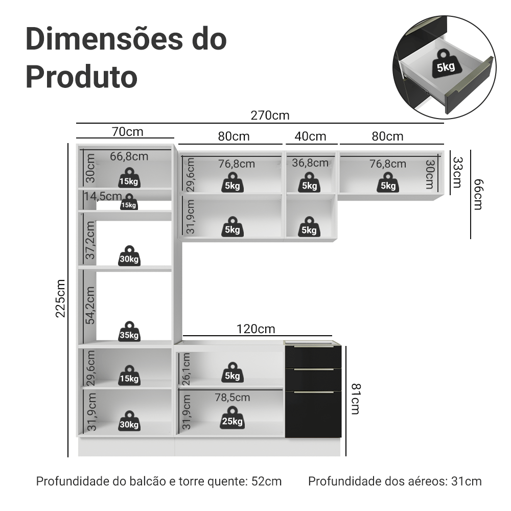Armário de Cozinha Completa 270 cm Branco/Preto Lux Madesa 10