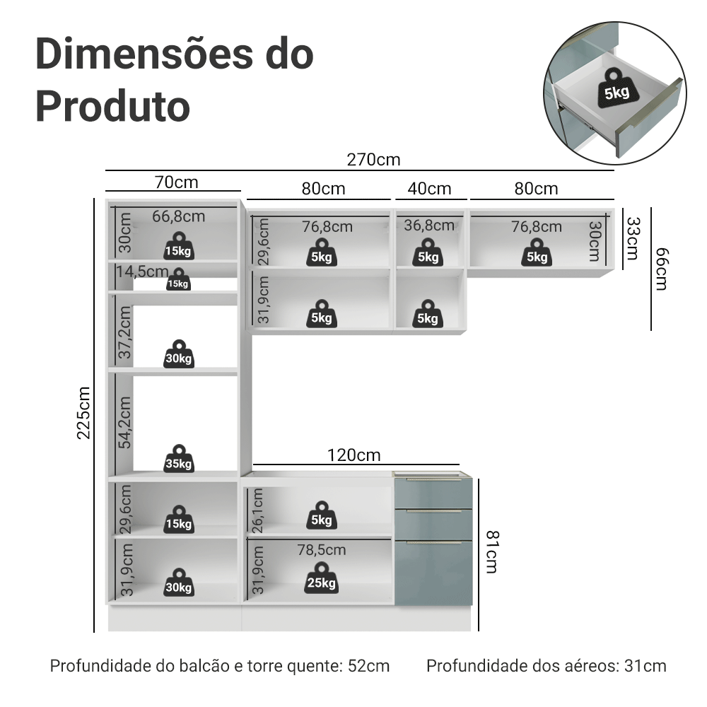 Armário de Cozinha Completa 270 cm Branco/Cinza Lux Madesa 10