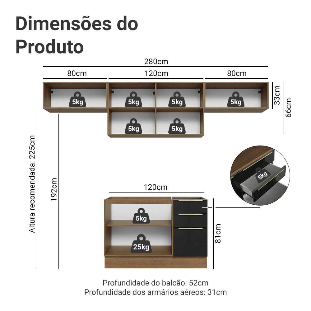 Armário de Cozinha Completa 280 cm Rustic/Preto Lux Madesa 01