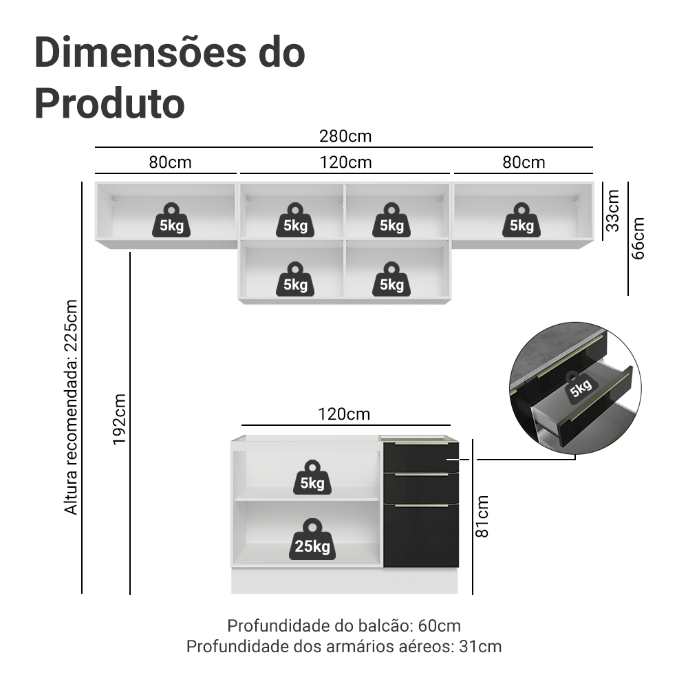 Armário de Cozinha Completa 280 x 60 cm Branco/Preto Lux Madesa 02