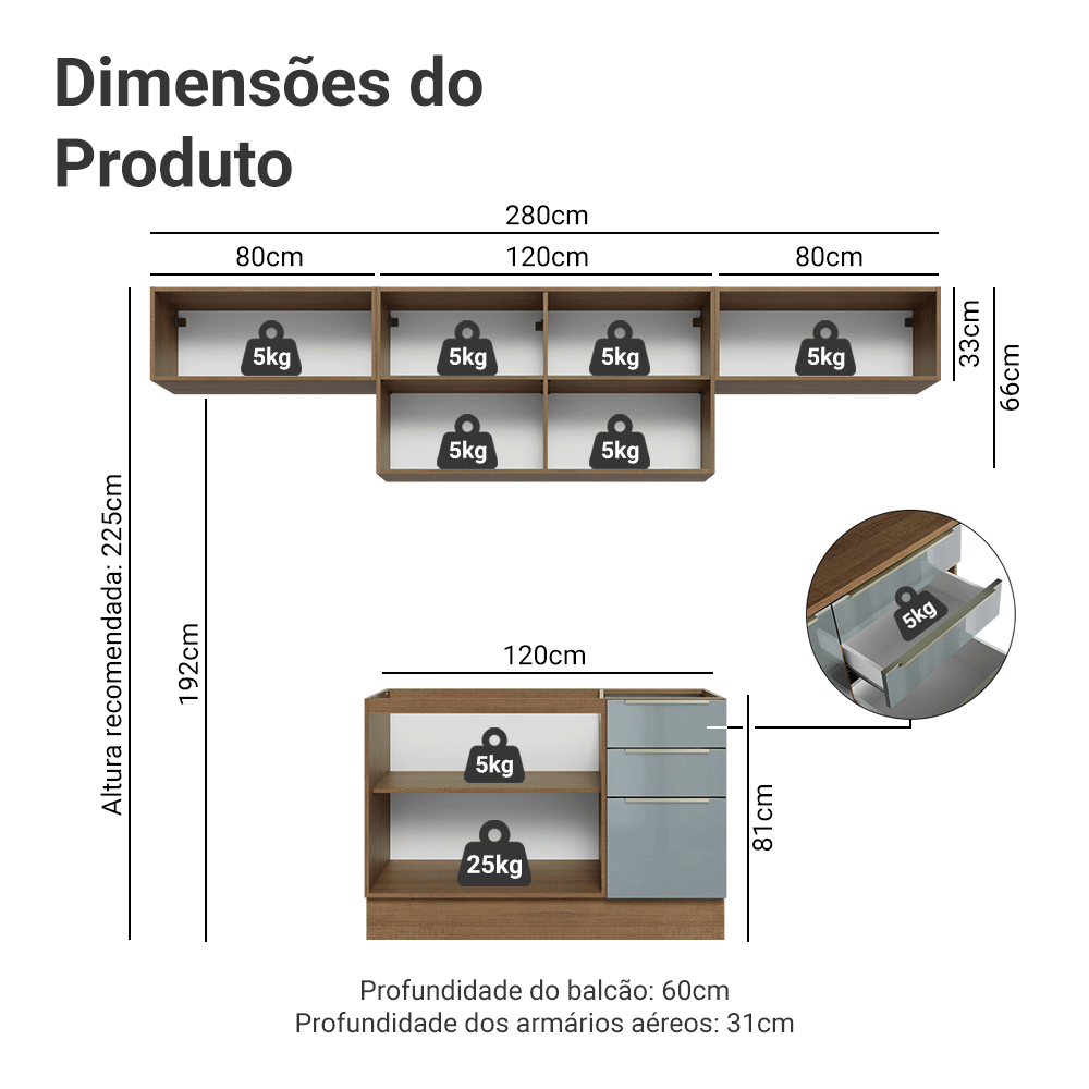 Armário de Cozinha Completa 280 x 60 cm Rustic/Cinza Lux Madesa 02