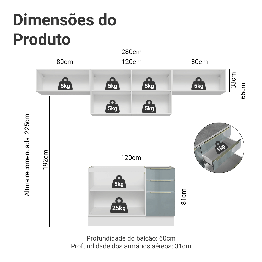 Armário de Cozinha Completa 280 x 60 cm Branco/Cinza Lux Madesa 02
