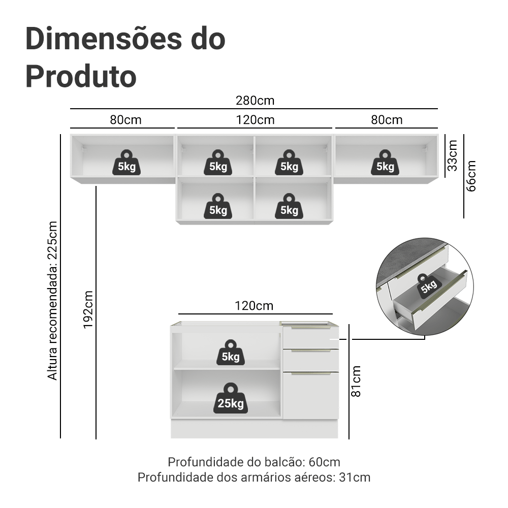 Armário de Cozinha Completa 280 x 60 cm Branco/Branco Veludo Lux Madesa 02