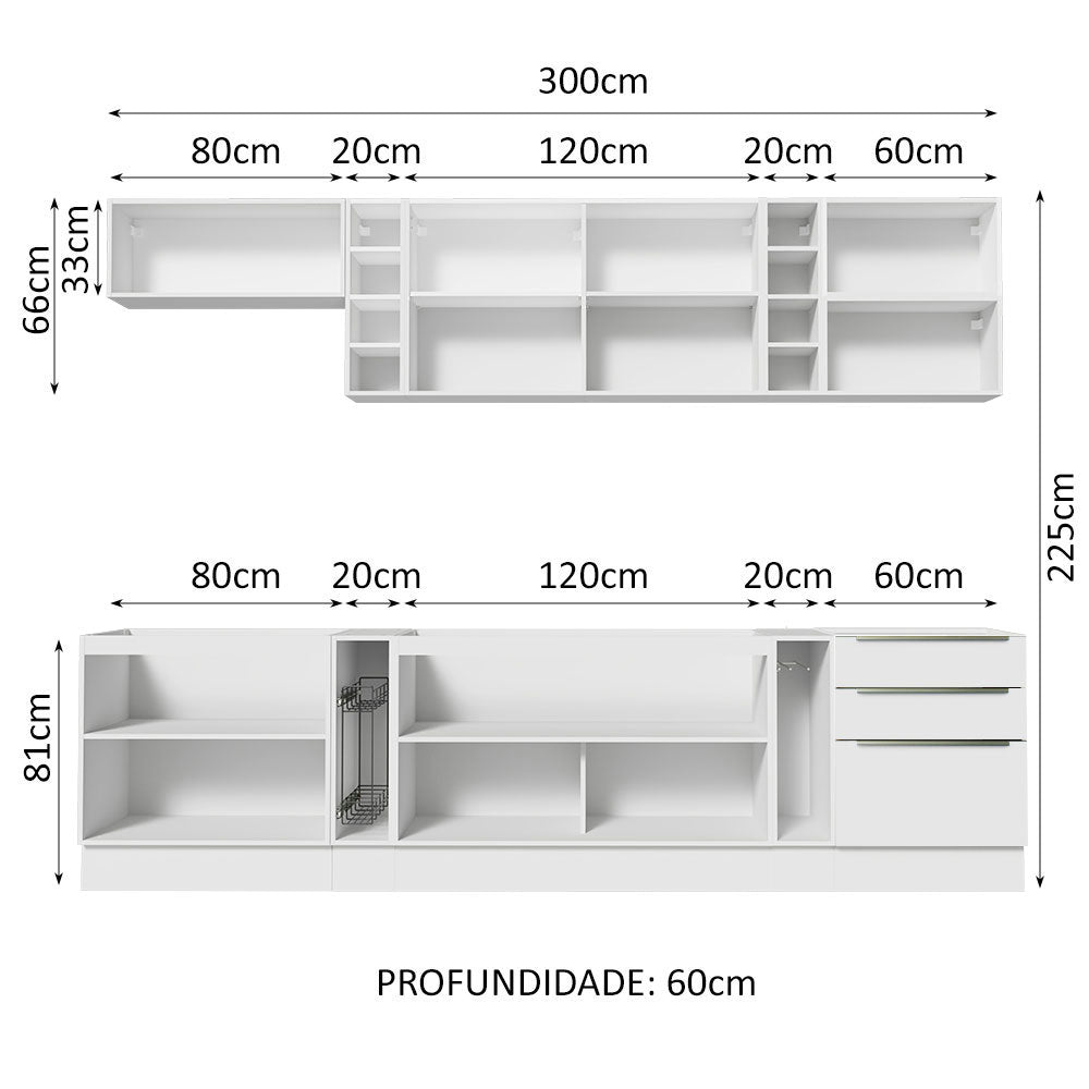 Armário de Cozinha Completa 300 x 60 cm Branco Veludo Lux da Sabrina Madesa