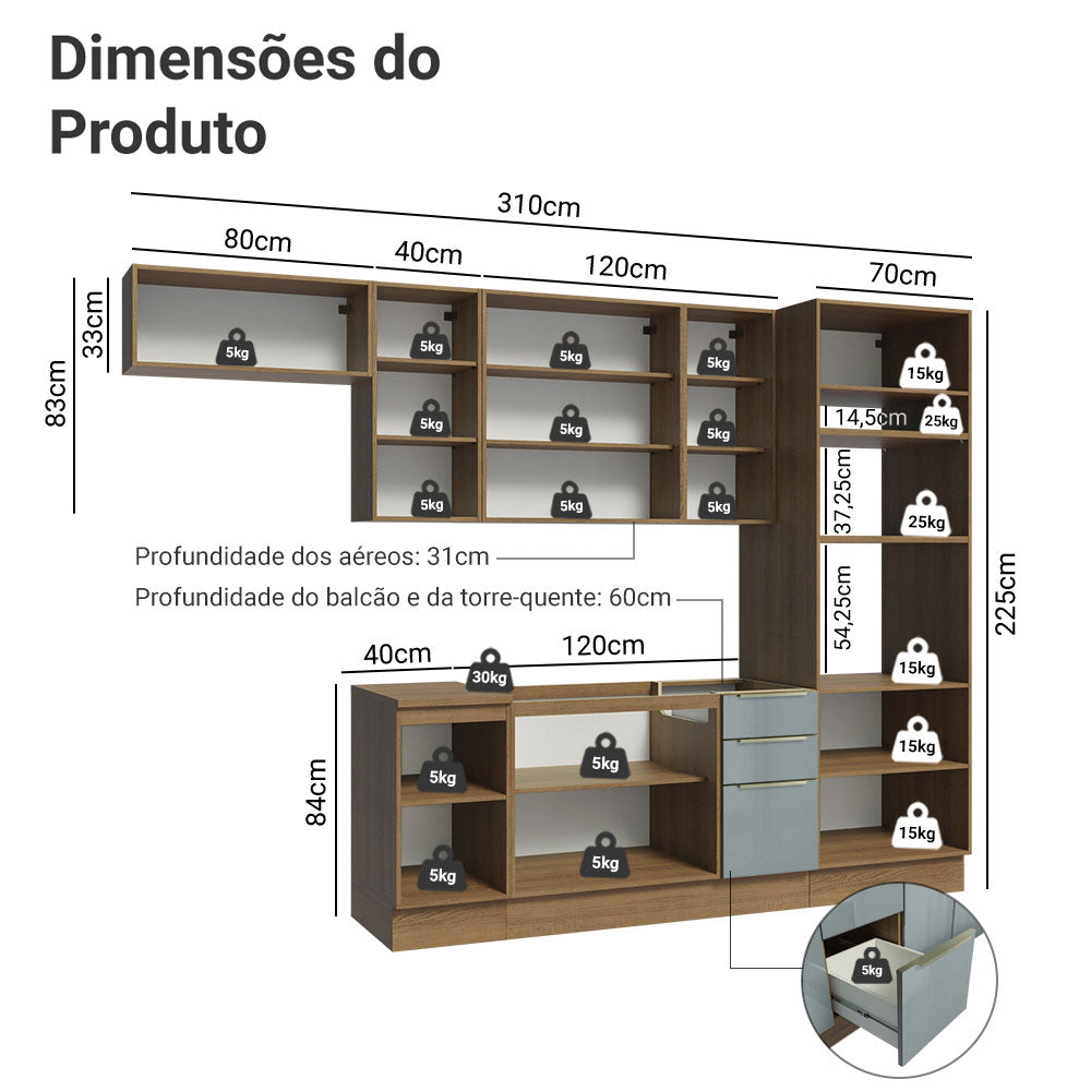 Armário de Cozinha Completa 310cm Rustic/Cinza Lux Madesa 01