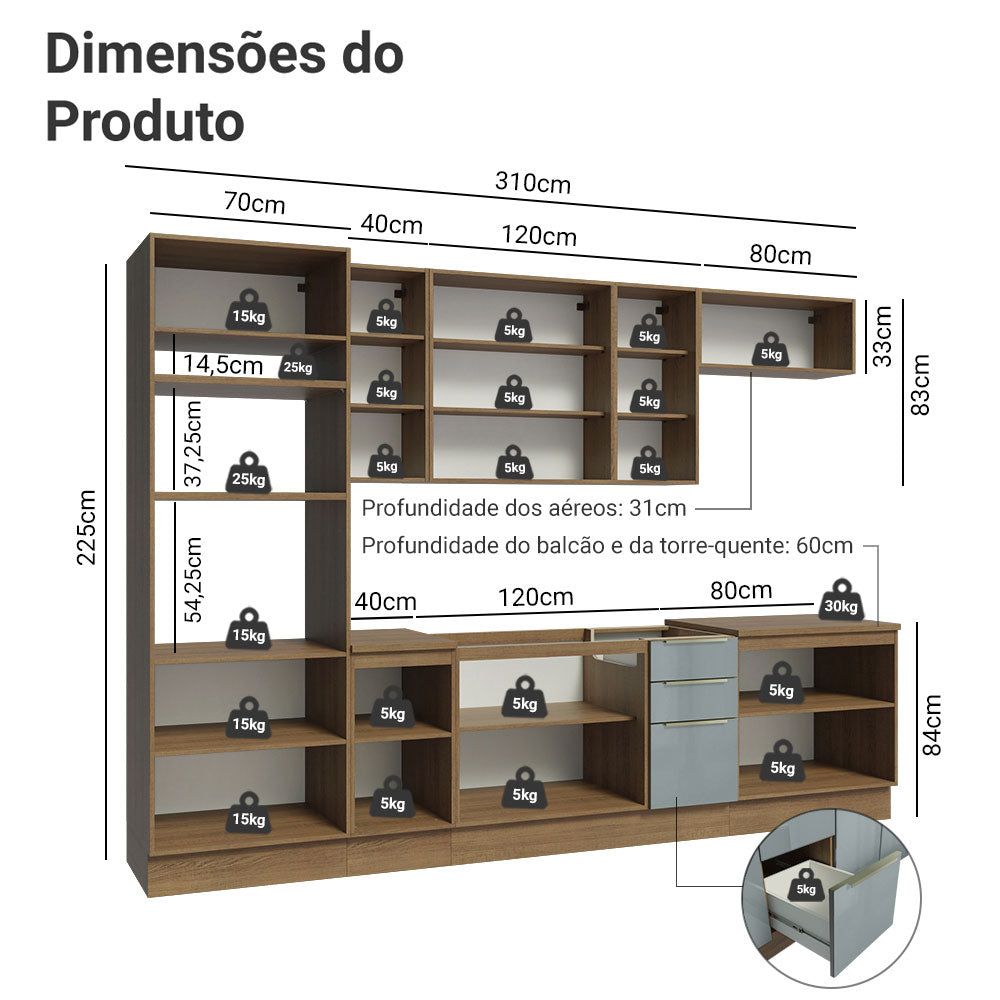 Armário de Cozinha Completa 310 x 60 cm Rustic/Cinza Lux Madesa 02
