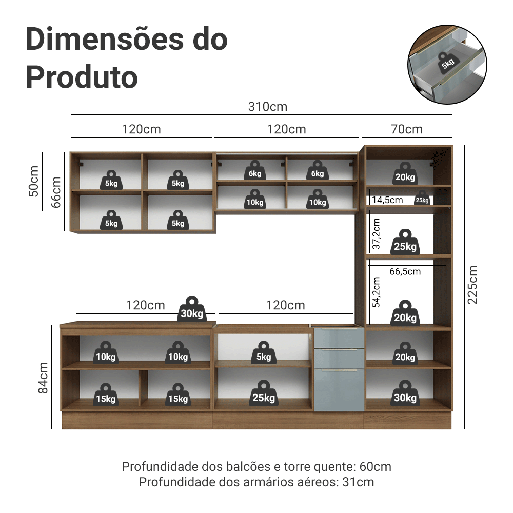 Armário de Cozinha Completa 310 x 60 cm Rustic/Cinza Lux Madesa 04