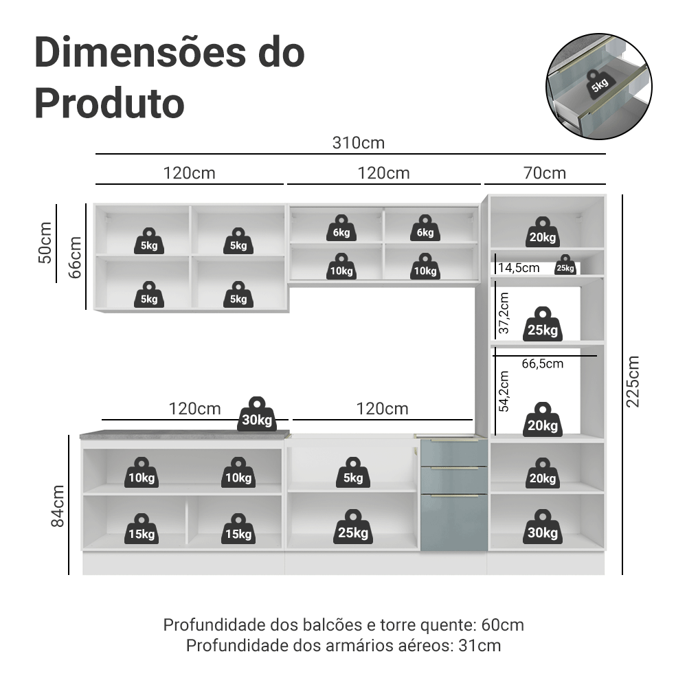 Armário de Cozinha Completa 310 x 60 cm Branco/Cinza Lux Madesa 04