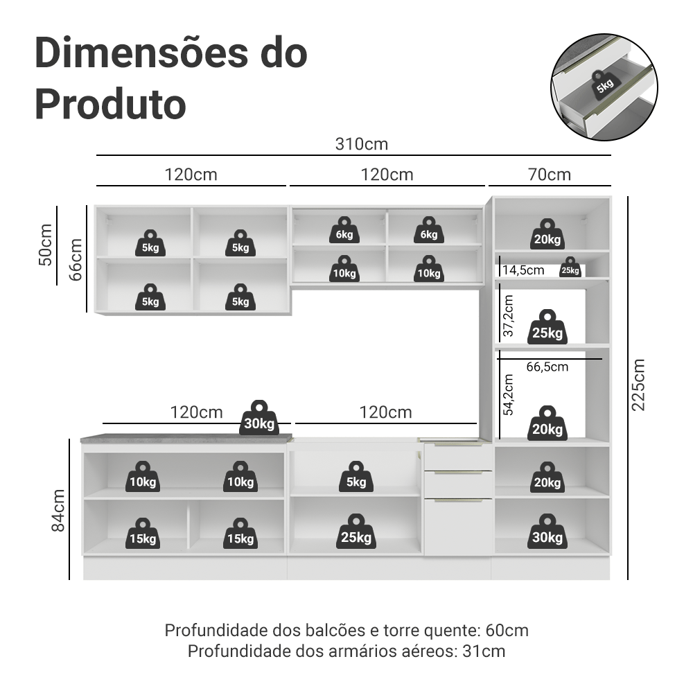 Armário de Cozinha Completa 310 x 60 cm Branco/Branco Veludo Lux Madesa 04