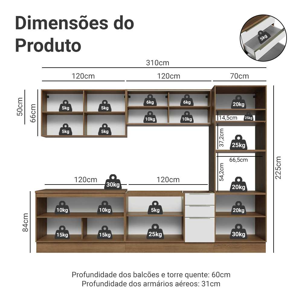 Armário de Cozinha Completa 310 x 60 cm Rustic/Branco Veludo Lux Madesa 04
