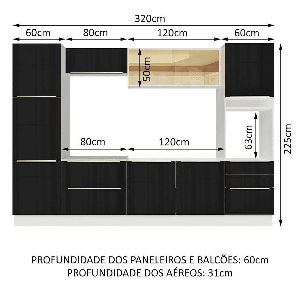 Armário de Cozinha Completa 320cm Branco/Preto Lux Madesa 01