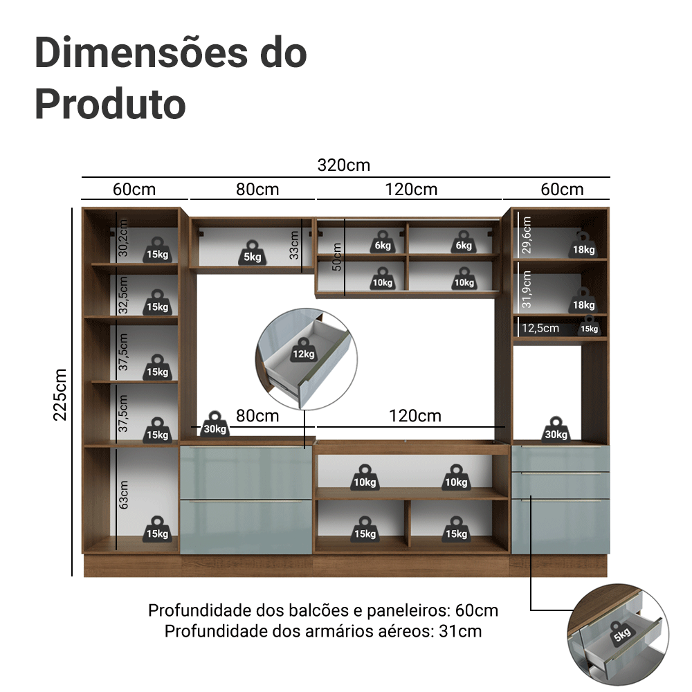 Armário de Cozinha Completa 320 x 60 cm Rustic/Cinza Lux Madesa 01
