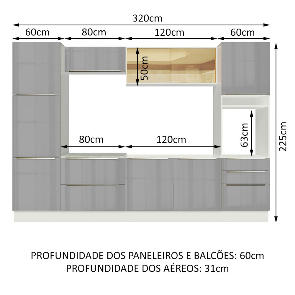 Armário de Cozinha Completa 320cm Branco/Cinza Lux Madesa 01