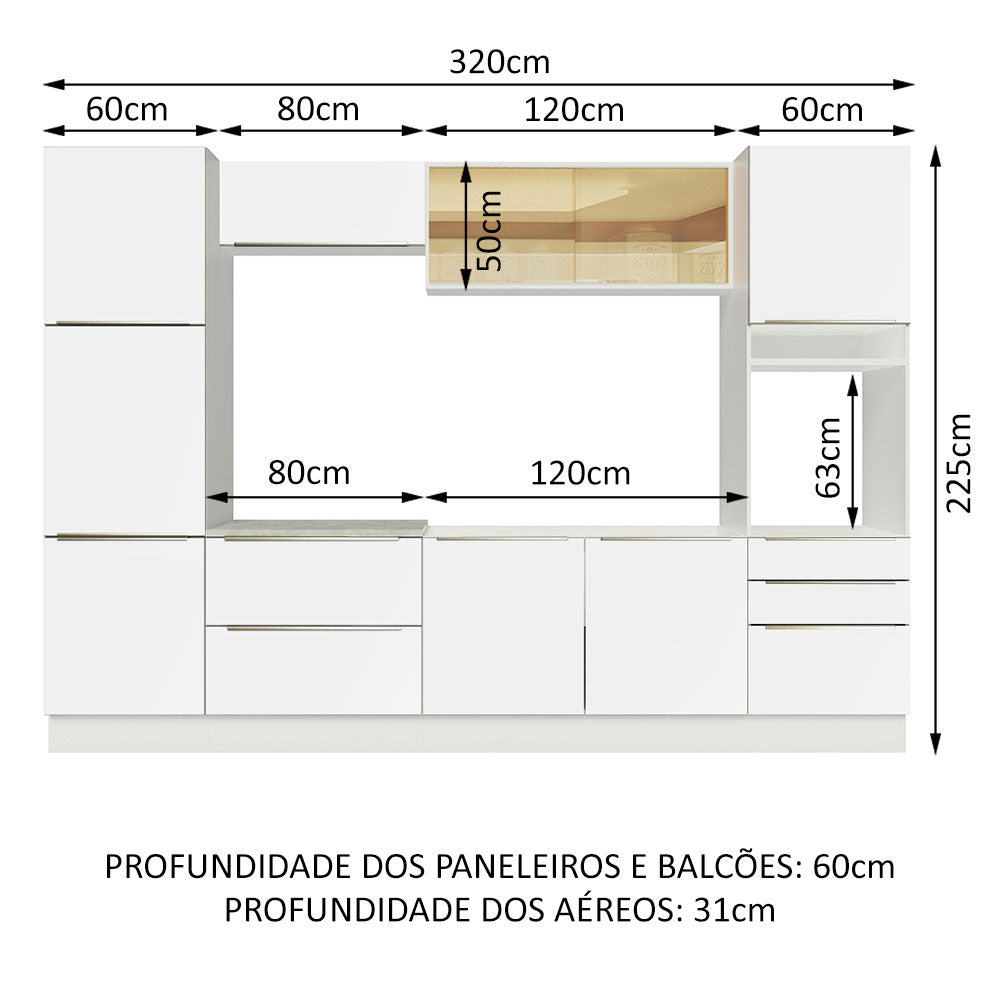 Armário de Cozinha Completa 320 x 60 cm Branco Branco Veludo Lux Madesa 01