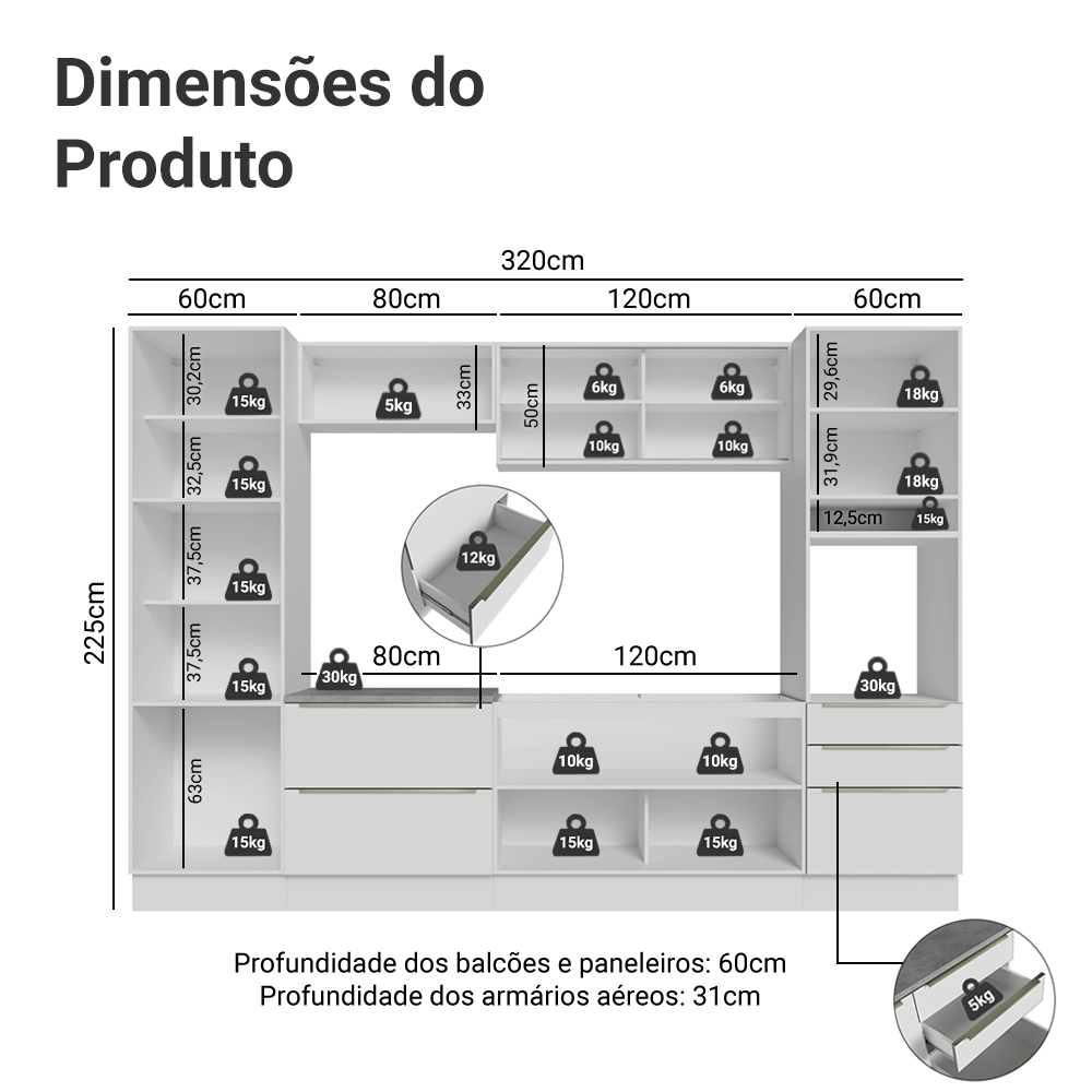 Armário de Cozinha Completa 320 x 60 cm Branco Branco Veludo Lux Madesa 01