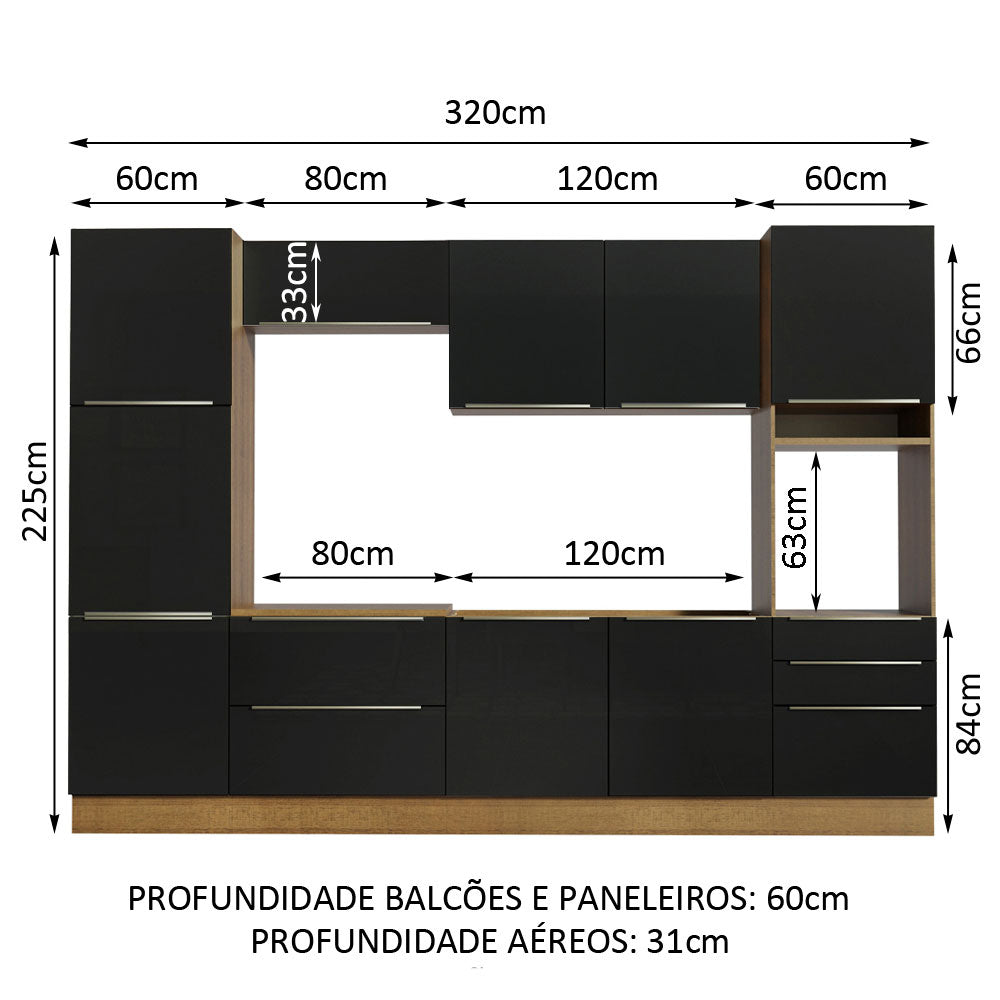 Armário de Cozinha Completa 320 x 60 cm Rustic/Preto Lux Madesa 03