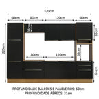 Armário de Cozinha Completa 320 x 60 cm Rustic/Preto Lux Madesa 03