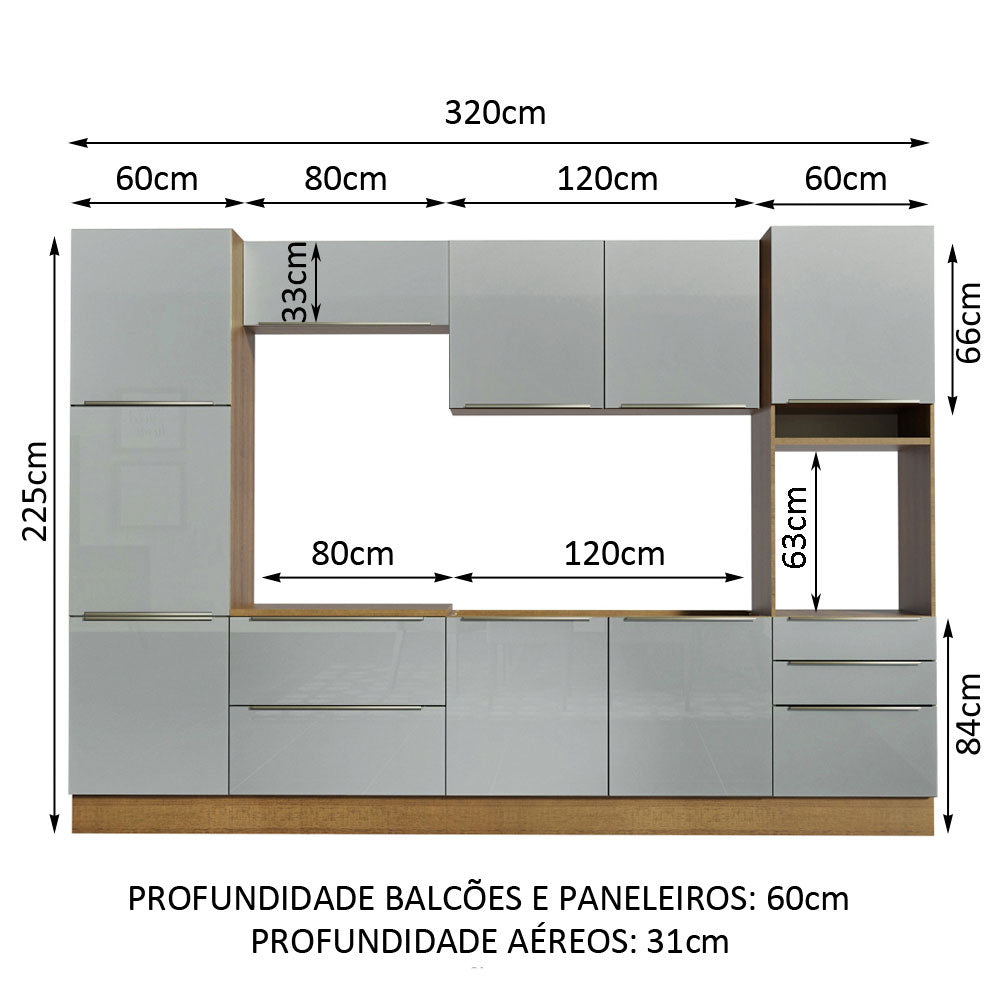 Armário de Cozinha Completa 320 x 60 cm Rustic/Cinza Lux Madesa 03