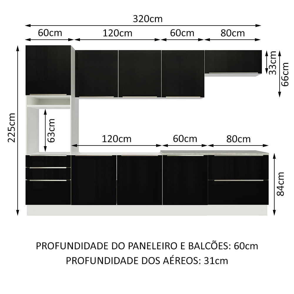 Armário de Cozinha Planejada 320cm Branco/Preto Lux Madesa 04