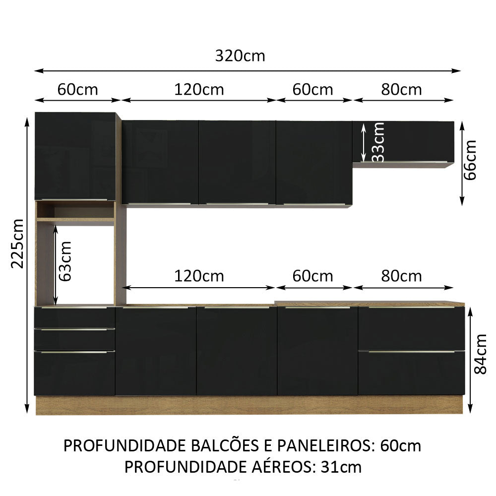 Armário de Cozinha Planejada 320 x 60 cm Rustic/Preto Lux Madesa 04