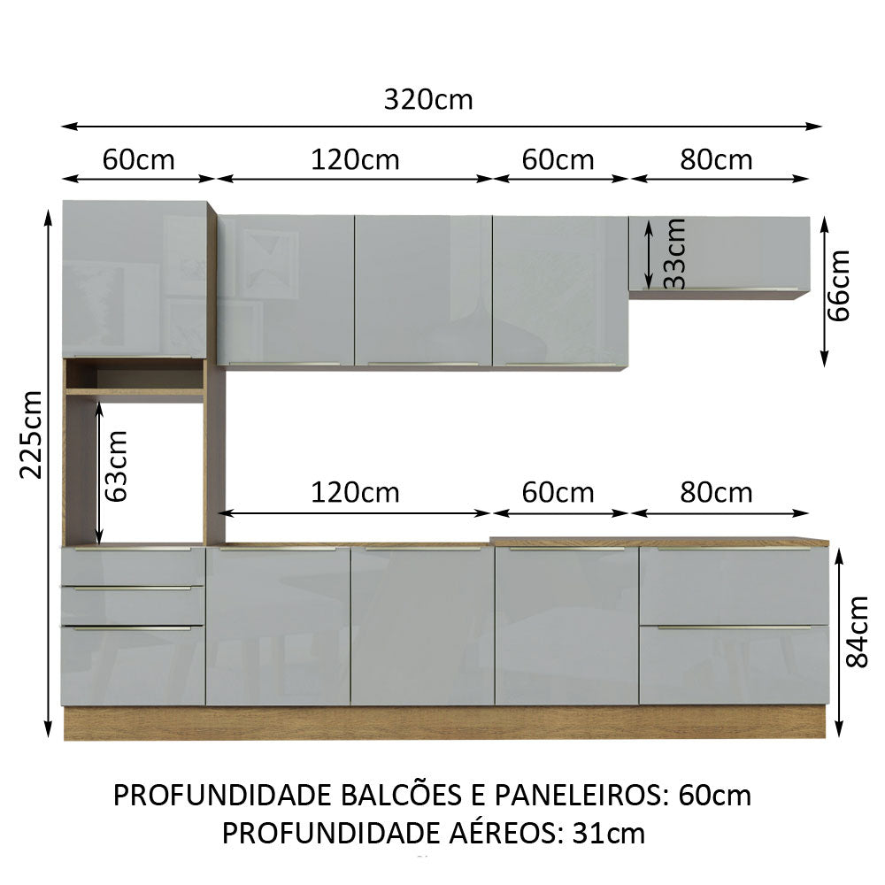 Armário de Cozinha Planejada 320 x 60 cm Rustic/Cinza Lux Madesa 04