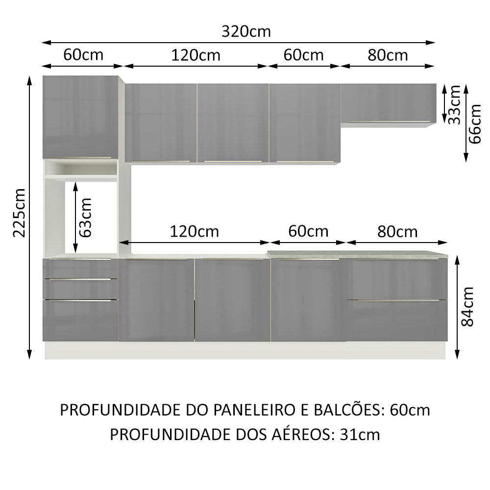 Armário de Cozinha Planejada 320cm Branco/Cinza Lux Madesa 04
