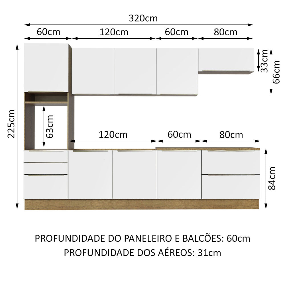 Armário de Cozinha Planejada 320cm Rustic Branco Veludo Lux Madesa 04