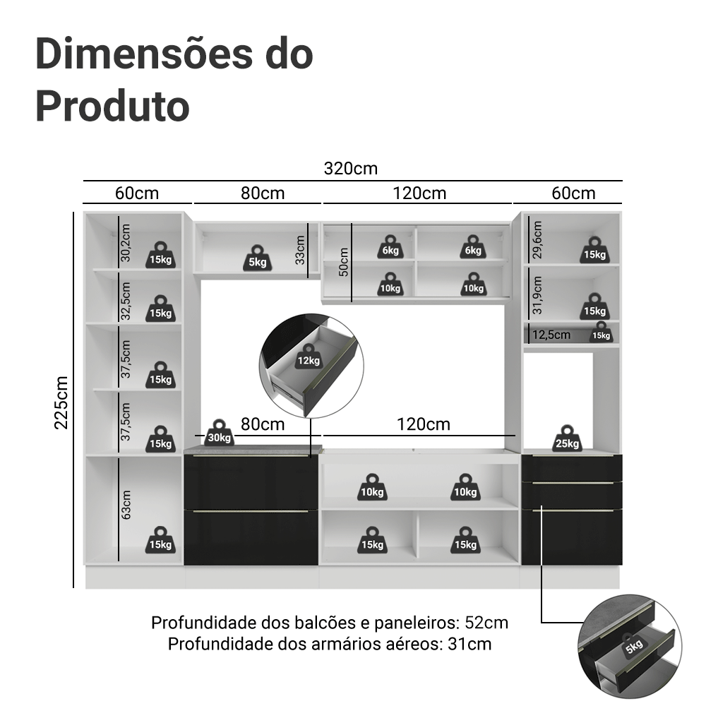 Armário de Cozinha Completa 320 cm Branco/Preto Lux Madesa 08