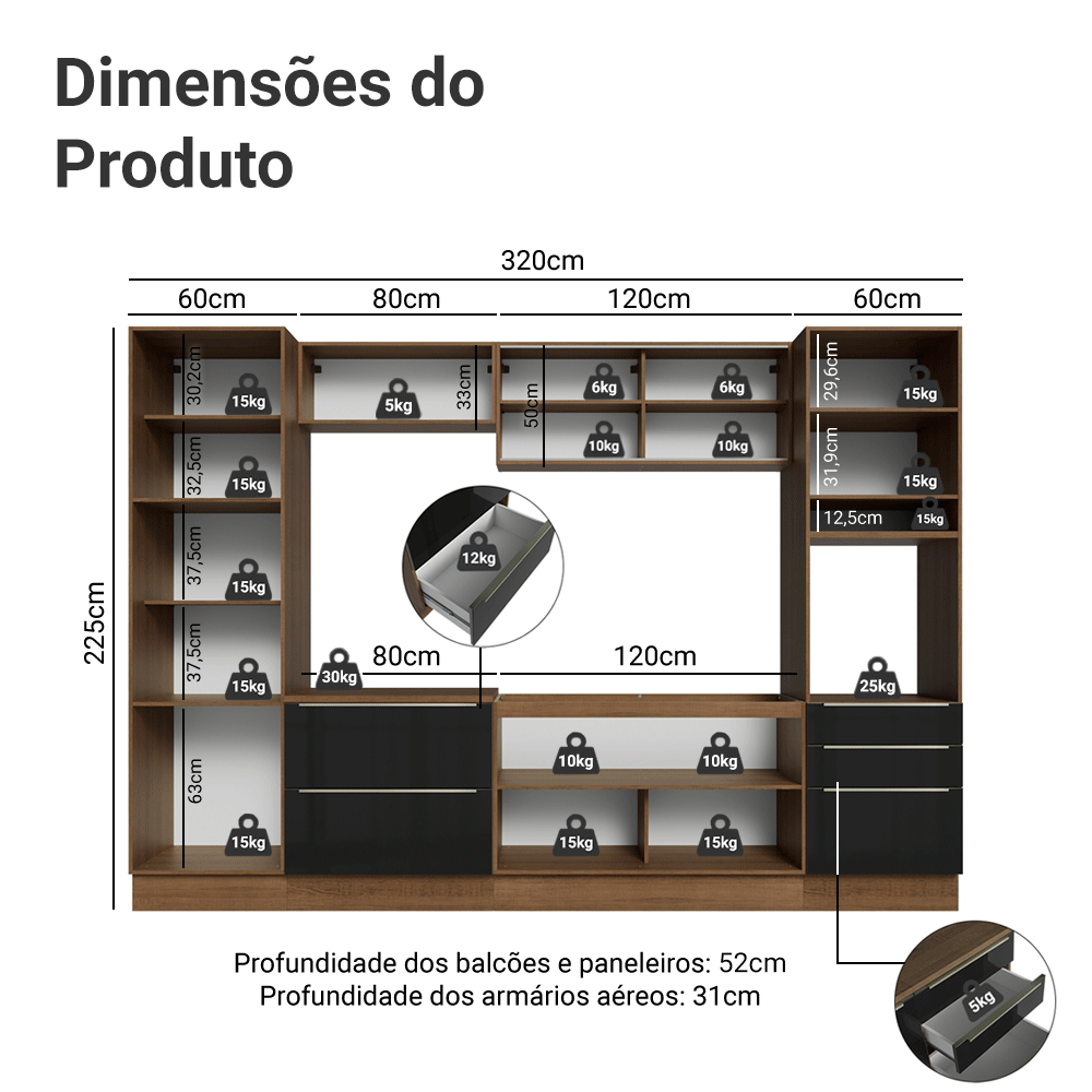 Armário de Cozinha Completa 320 cm Rustic/Preto Lux Madesa 08