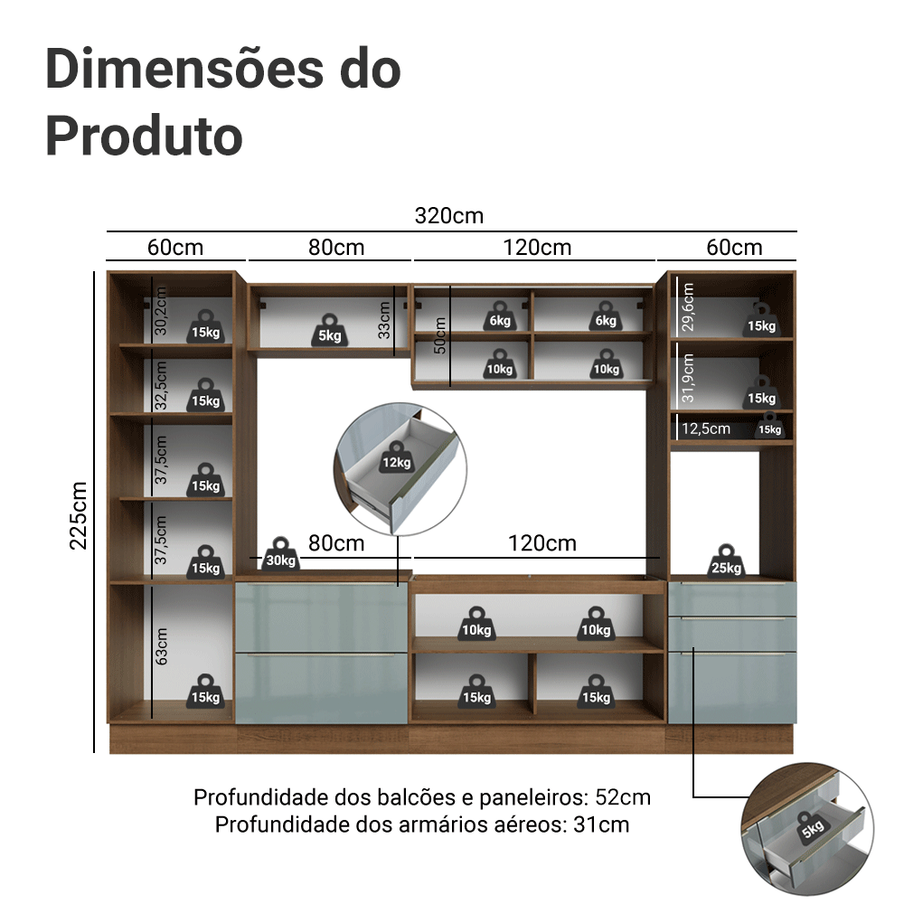 Armário de Cozinha Completa 320 cm Rustic/Cinza Lux Madesa 08