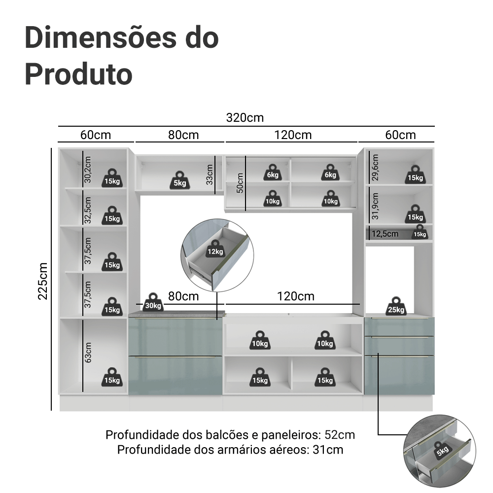 Armário de Cozinha Completa 320 cm Branco/Cinza Lux Madesa 08