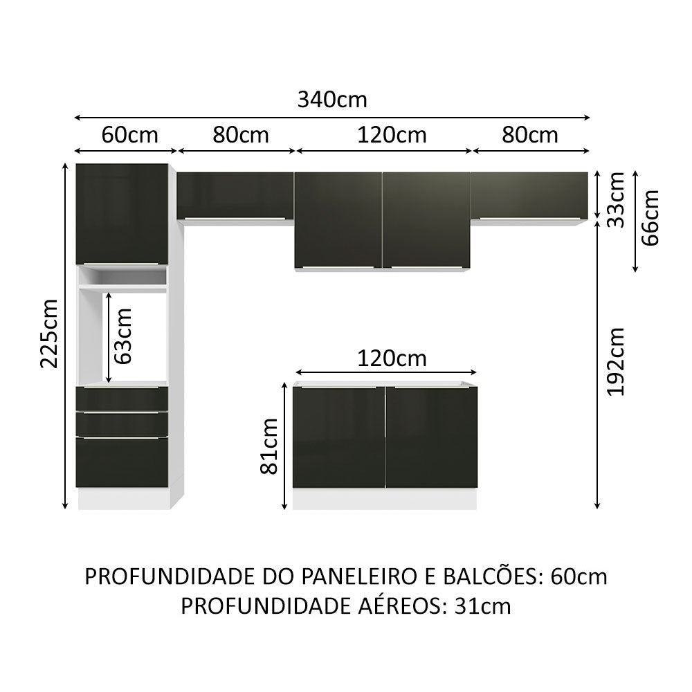 Armário de Cozinha Completa 340cm Branco/Preto Lux Madesa 01