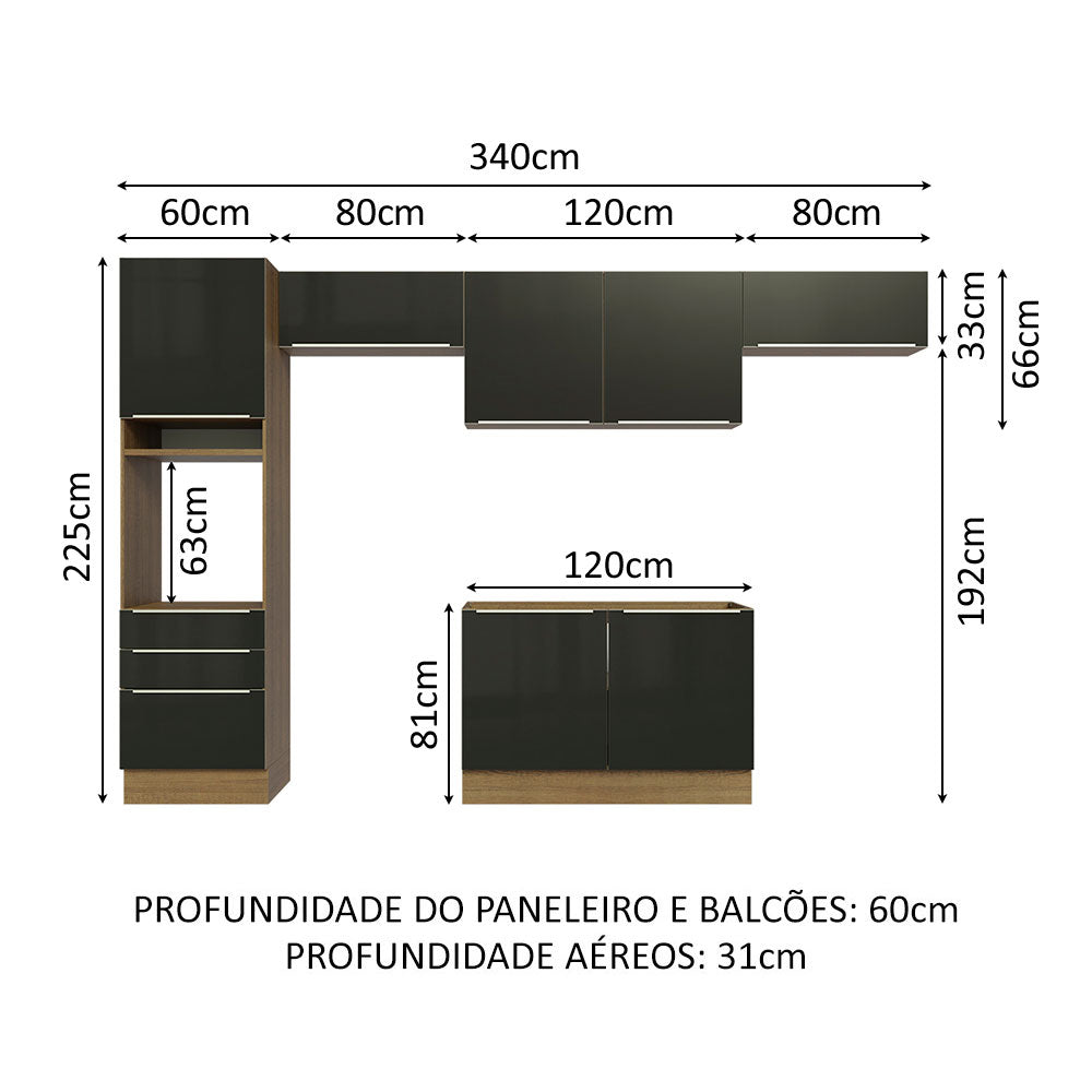 Armário de Cozinha Completa 340 x 60 cm Rustic/Preto Lux Madesa 01