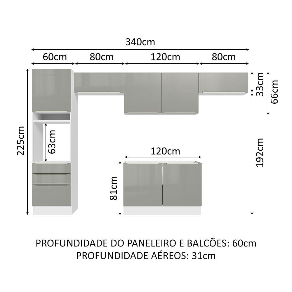 Armário de Cozinha Completa 340cm Branco/Cinza Lux Madesa 01