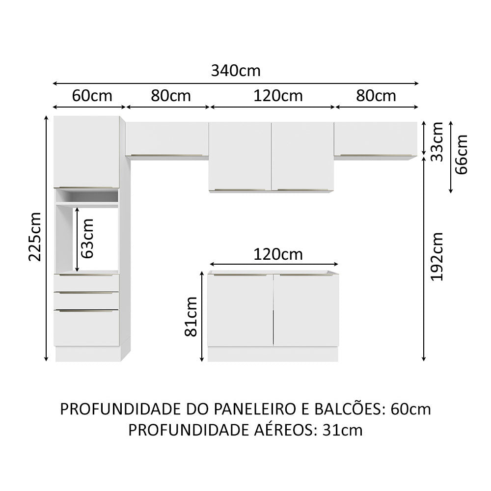 Armário de Cozinha Completa 340cm Branco/Branco Veludo Lux Madesa 01