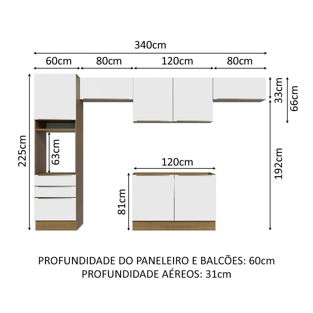 Armário de Cozinha Completa 340cm Rustic Branco Veludo Lux Madesa 01