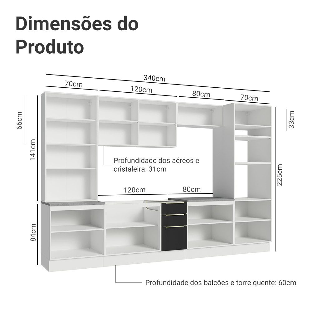 Armário de Cozinha Completa 340 x 60 cm Branco/Preto Lux Madesa 02